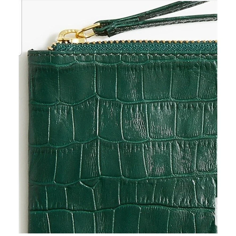 J. Crew Crocodile Embossed Leather Wristlet Clutch Green NWT